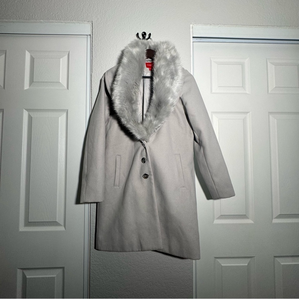 GUESS • Faux Fur Coat • Gray Jacket • Small • Pockets • Removable Neckline